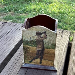Vintage Golf Decor Wooden Desk Organizer Pen Holder Sportsman Golfer Theme
